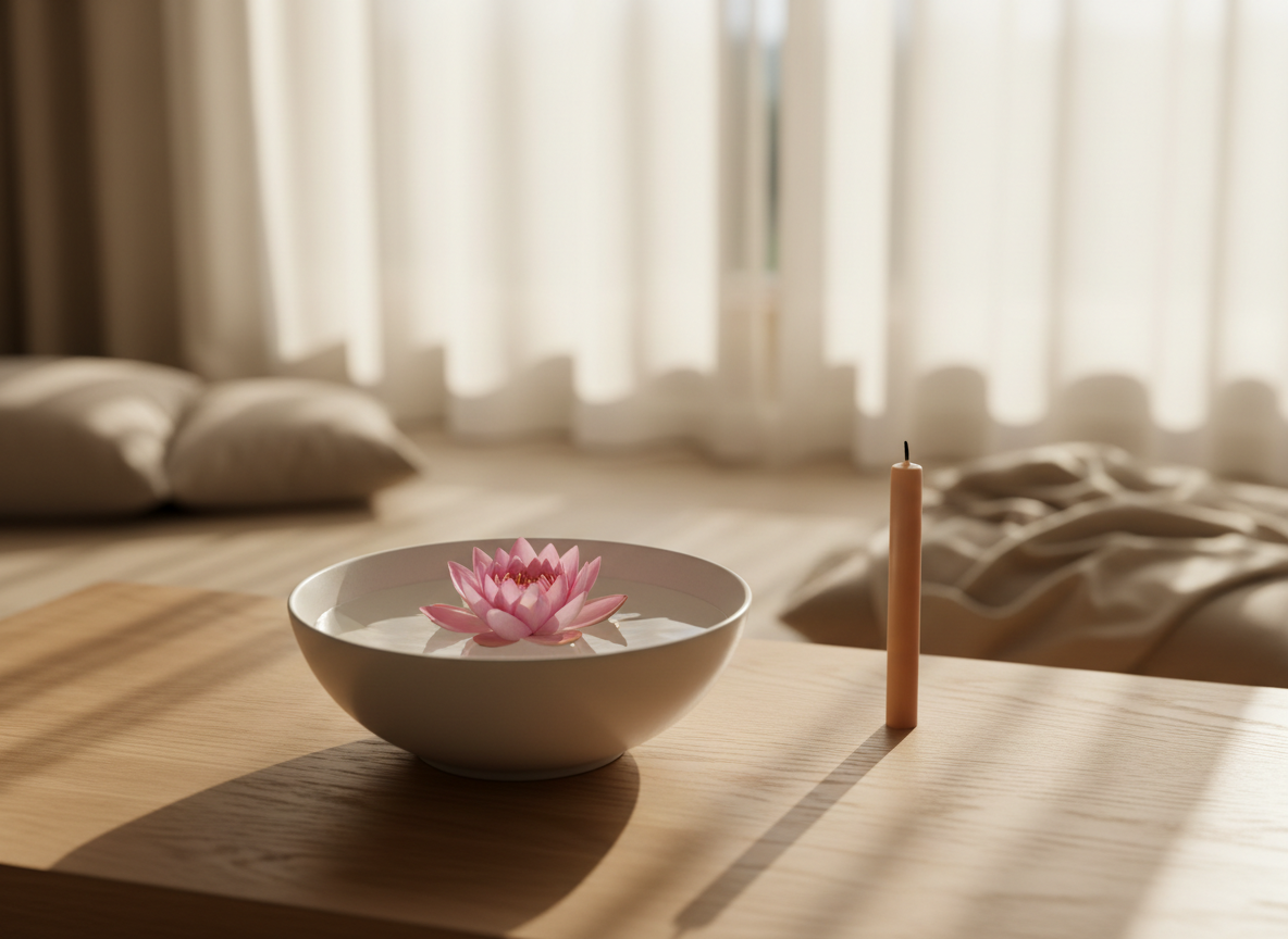 A tranquil meditation altar arranged on a low, pale oak platform beside a large window, featuring a smooth white ceramic bowl filled with water, a single pale pink lotus blossom floating at its center, and a slender sand-colored candle unlit beside it. Soft early-morning daylight filters through sheer linen curtains, casting delicate, elongated shadows across the wood grain. In the blurred background, neutral-toned cushions and a folded linen throw suggest a quiet retreat. Photographic realism, captured at eye level with a shallow depth of field, emphasizing the shimmer of water and velvety petals. The mood is serene, sophisticated, and gently uplifting, perfect for conveying rising calm and inner stillness.