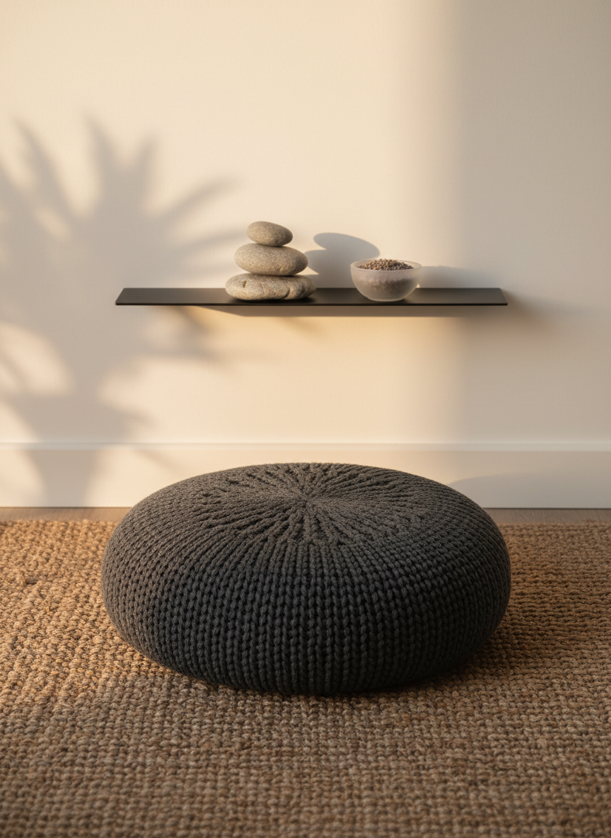 A neatly arranged meditation corner with a round, charcoal-gray wool meditation cushion placed on a textured natural jute rug, set against a smooth, warm white wall. A slender, matte black metal shelf floats above, holding three carefully spaced river stones stacked in a balanced tower beside a small frosted glass bowl of dried lavender. Late-afternoon golden hour light streams in from the left, creating a gradient of soft highlights and shadows that accentuate the textures of wool, jute, and stone. Photographic realism, shot from a slightly elevated angle using the rule of thirds, with a gentle bokeh effect in the background. The atmosphere feels grounded, refined, and quietly luxurious, evoking gentle stability and mindful presence.